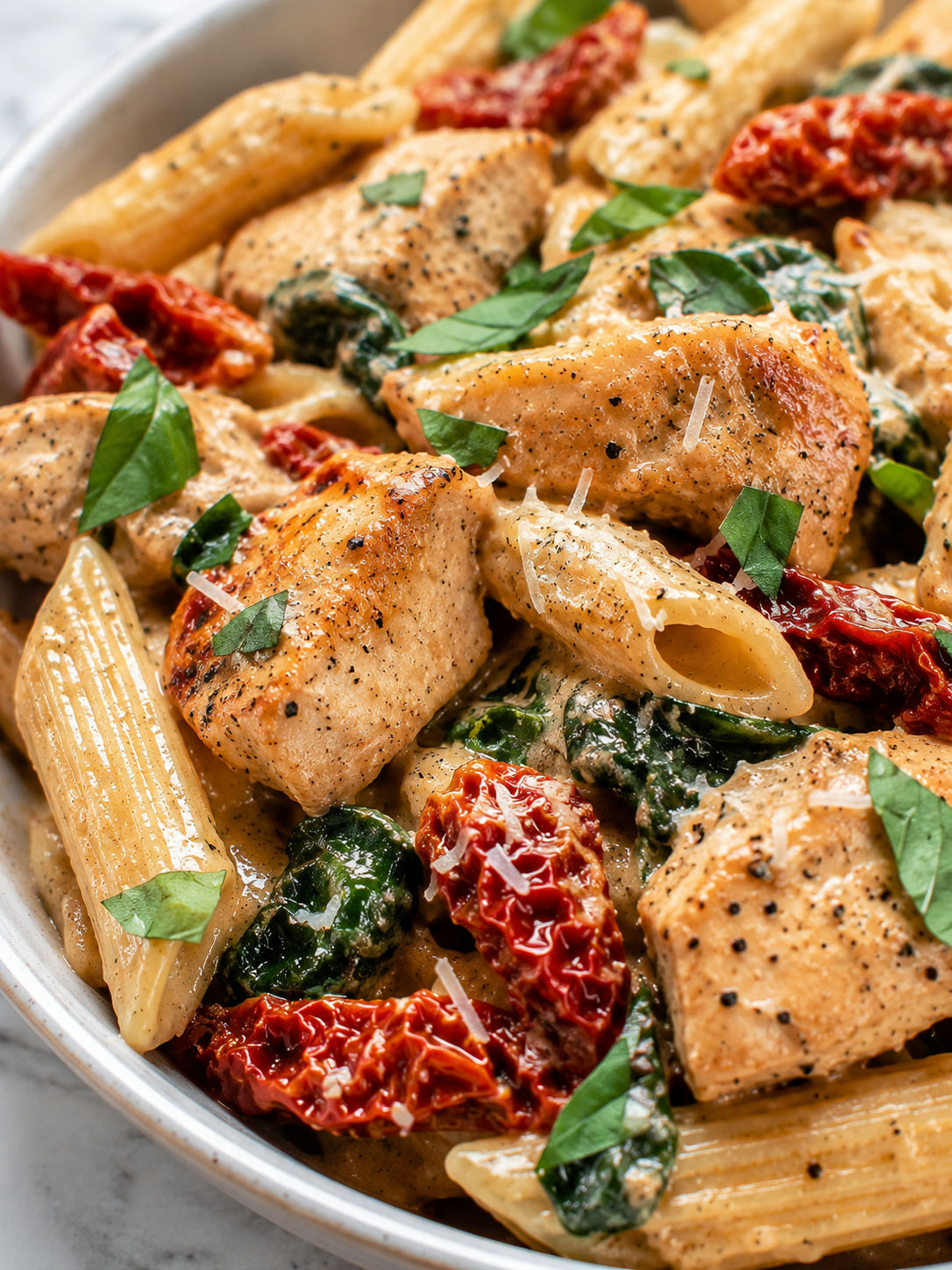 Creamy Chicken Pasta with Sun-dried Tomatoes, plated and served