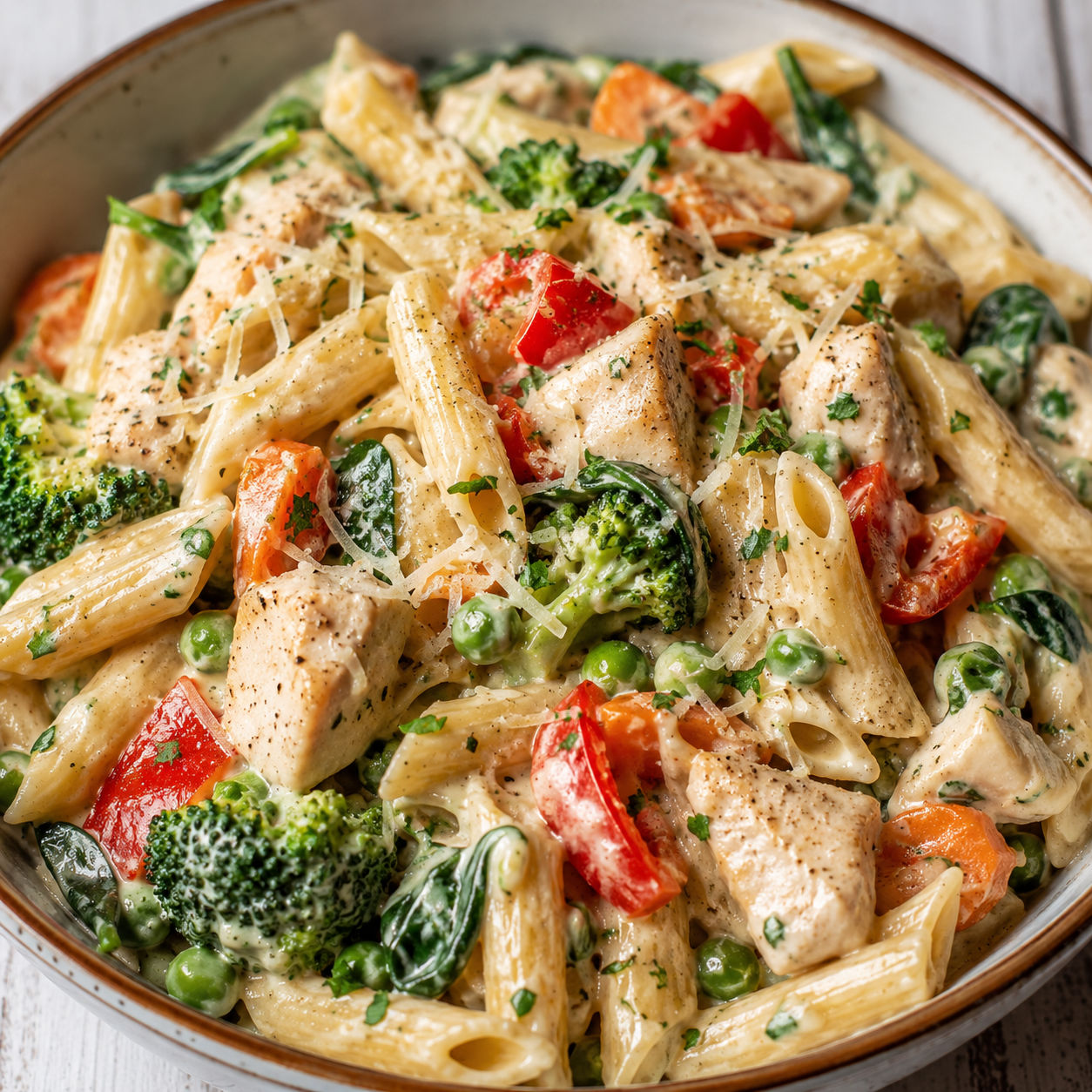 Creamy chicken penne with broccoli, peas, peppers, spinach, and parmesan