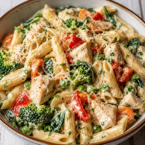 Creamy chicken penne with broccoli, peas, peppers, spinach, and parmesan
