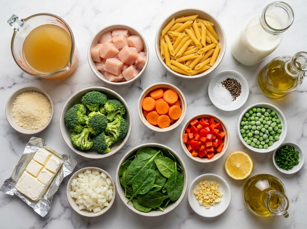 Raw chicken, penne, vegetables, broth, milk, cream cheese, and parmesan