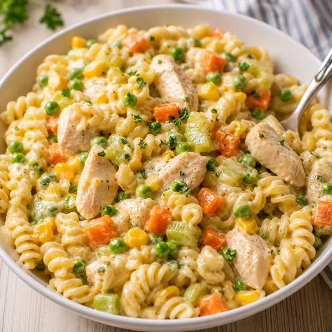 Creamy chicken pot pie pasta with vegetables in a white bowl