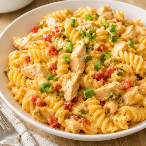 Creamy chicken rotini with cheese sauce, tomatoes, and green onions