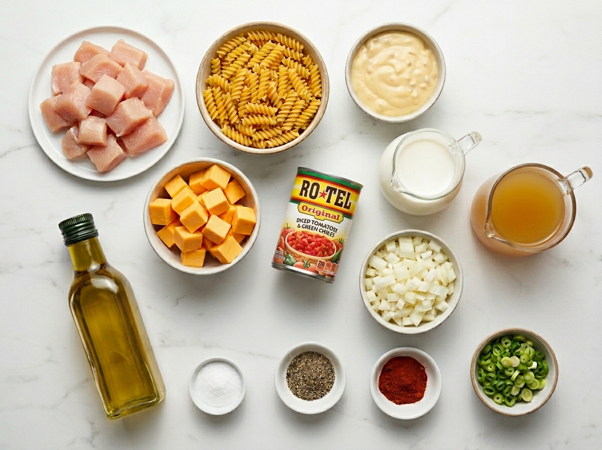 Ingredients for creamy chicken rotini with Velveeta, Rotel, and pasta