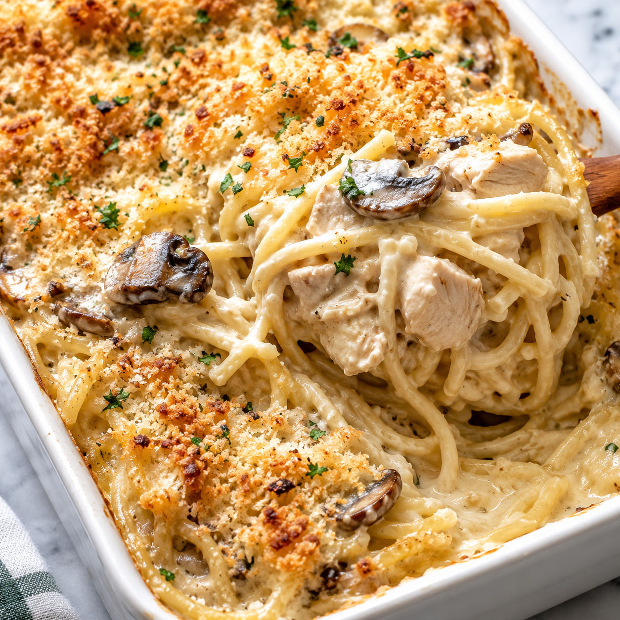 Creamy chicken tetrazzini with Parmesan and parsley in a white baking dish