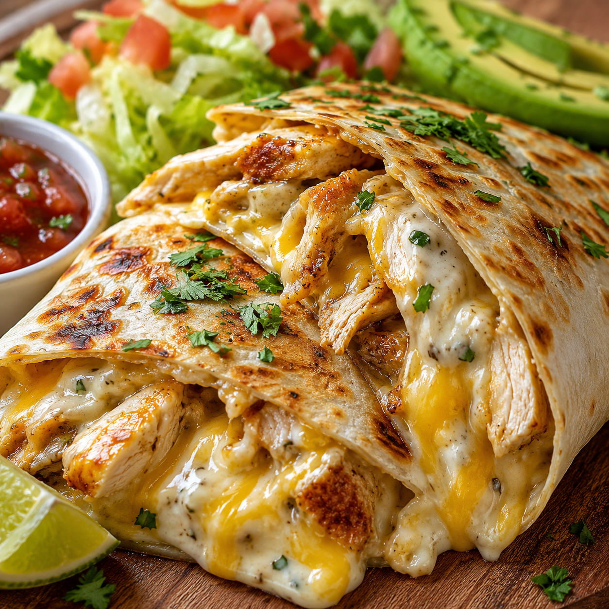 Creamy chicken tortilla wraps with melted cheese, lettuce, tomato, and avocado