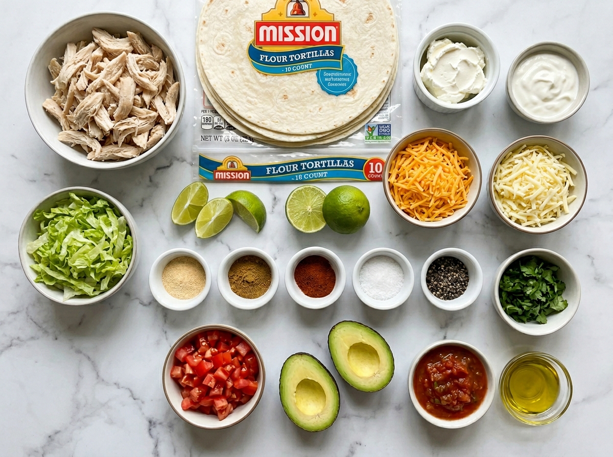 Ingredients for creamy chicken tortilla wraps with cheese and fresh garnishes