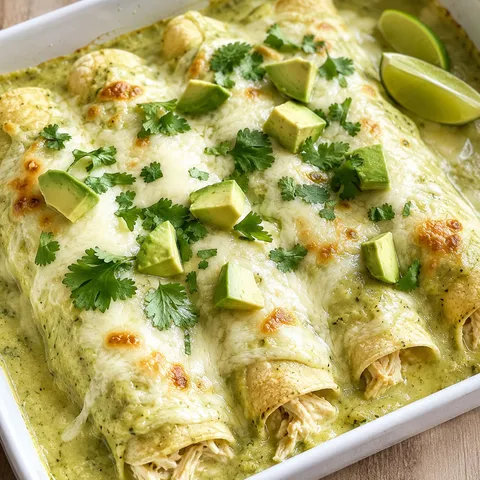 Creamy chicken avocado enchiladas with melted cheese, cilantro, and lime
