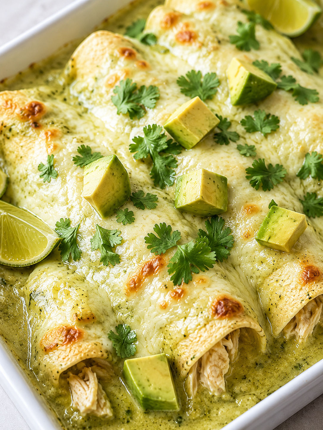 Creamy Chicken and Avocado Enchiladas, plated and served