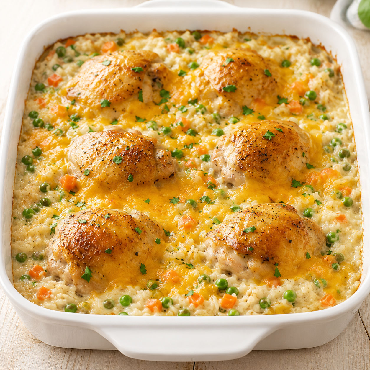Creamy chicken and rice casserole with cheddar, peas, and carrots