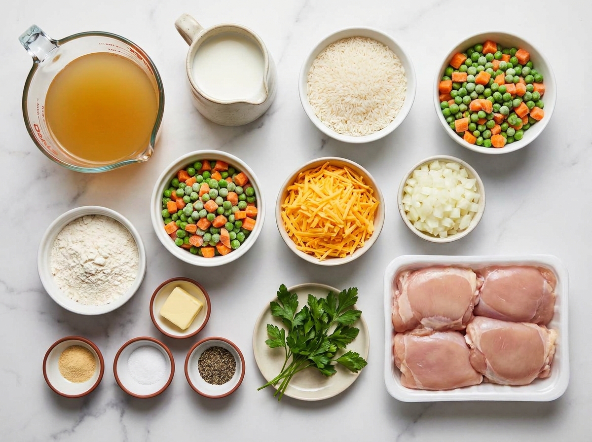 Ingredients for creamy chicken and rice casserole on a wood surface