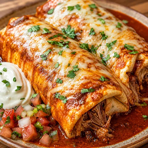 Creamy chile Colorado burritos with melted cheese and cilantro