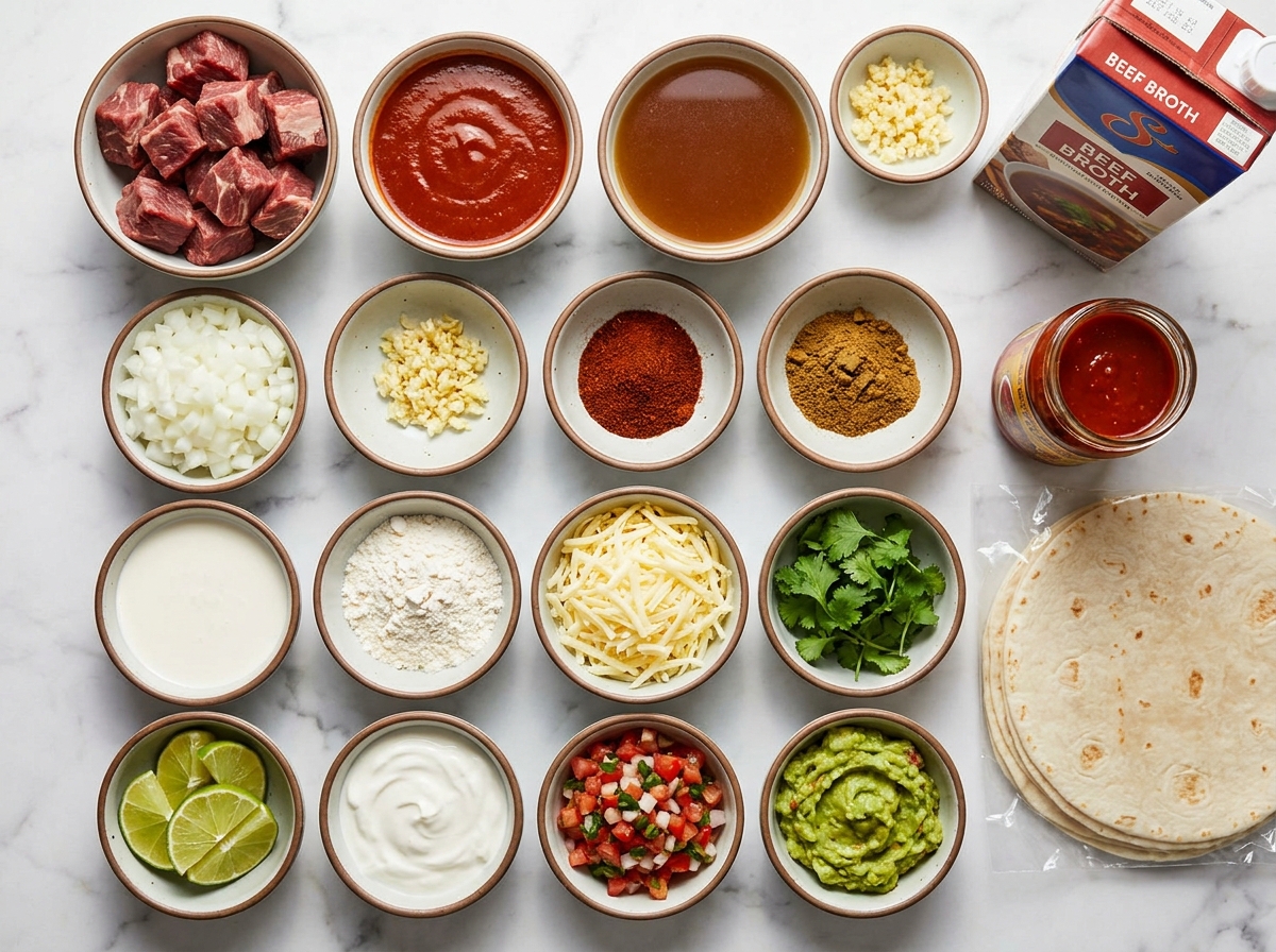 Ingredients for creamy chile Colorado burritos with beef and red sauce