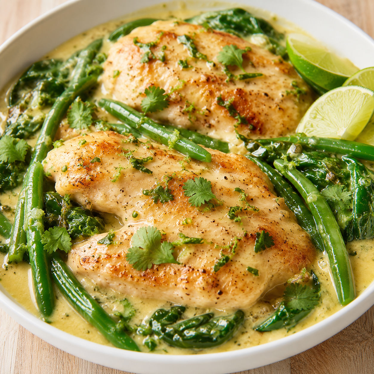 Coconut lime chicken with green beans, spinach, cilantro, and lime