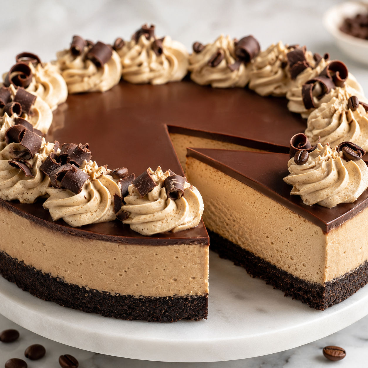 Creamy coffee cheesecake with chocolate ganache and whipped cream