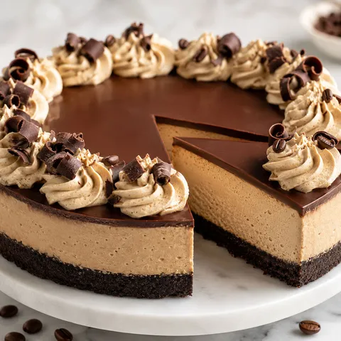 Creamy coffee cheesecake with chocolate ganache and whipped cream