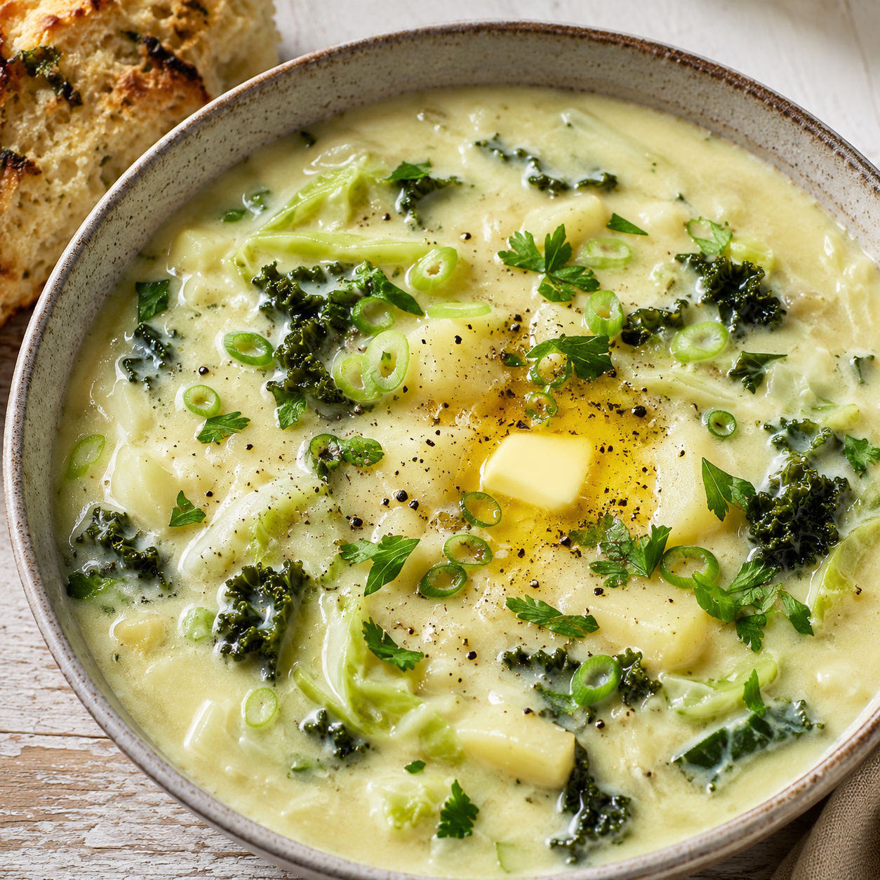 Creamy colcannon soup with cabbage, kale, scallions, and melted butter