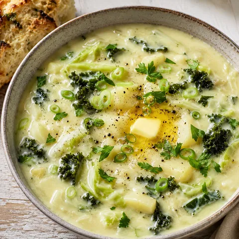 Creamy colcannon soup with cabbage, kale, scallions, and melted butter