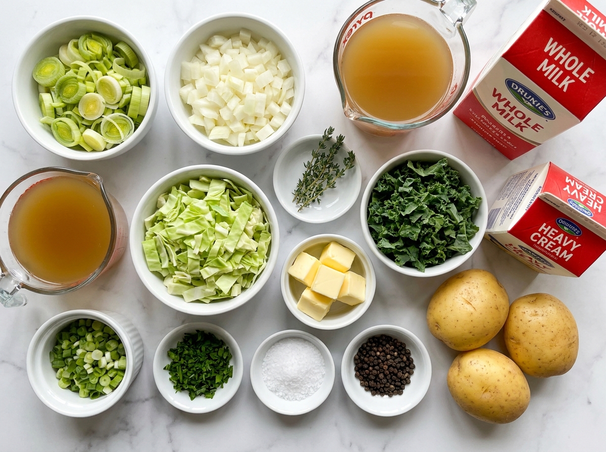 Ingredients for creamy colcannon soup with potatoes, leeks, cabbage, and kale