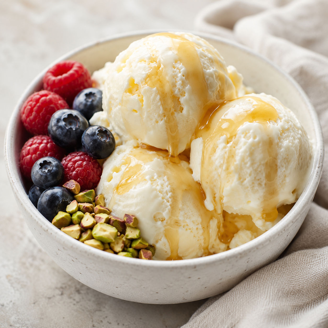 Honey cottage cheese ice cream scoops with berries and pistachios