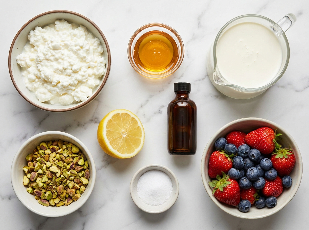 Cottage cheese, honey, cream, vanilla, lemon, berries, and pistachios