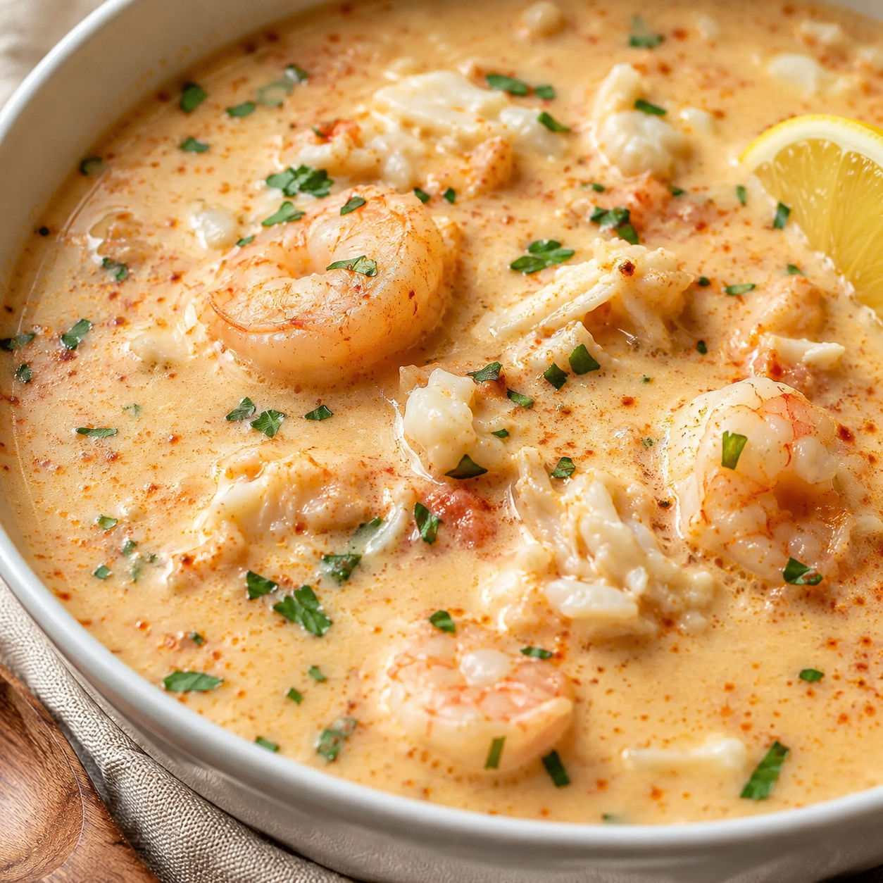 Creamy crab and shrimp seafood bisque with parsley and paprika