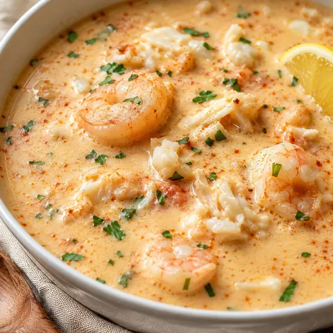 Creamy crab and shrimp seafood bisque with parsley and paprika