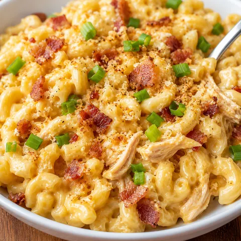 Creamy crack chicken macaroni and cheese with bacon and green onions