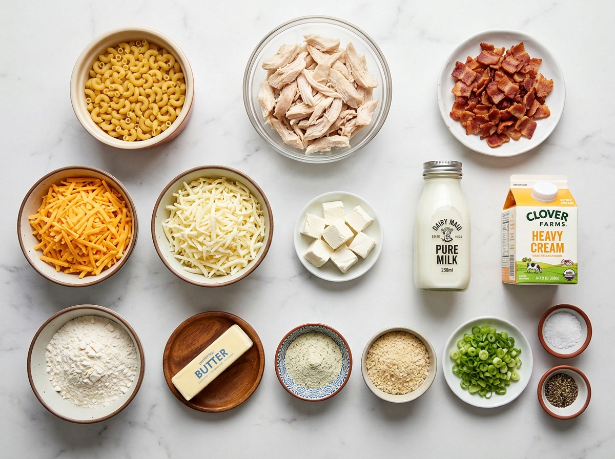 Ingredients for crack chicken macaroni and cheese on a wooden surface