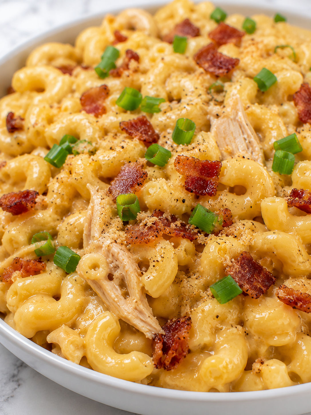 Creamy Crack Chicken Macaroni and Cheese, plated and served