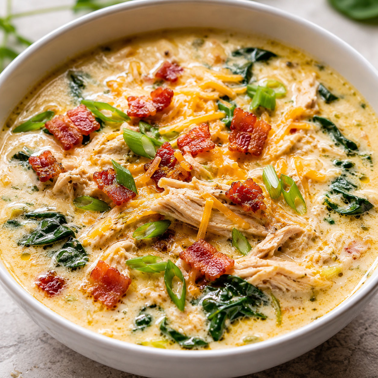 Creamy crack chicken soup with bacon, cheddar, spinach and scallions