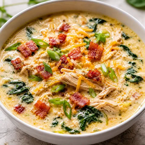 Creamy crack chicken soup with bacon, cheddar, spinach and scallions