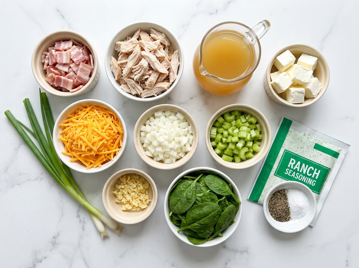 Ingredients for creamy crack chicken soup with bacon, cheddar and spinach