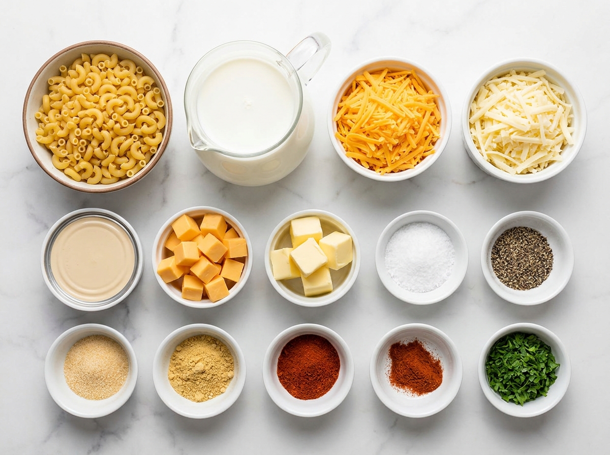 Ingredients for Creamy Crock Pot Mac and Cheese on a kitchen counter