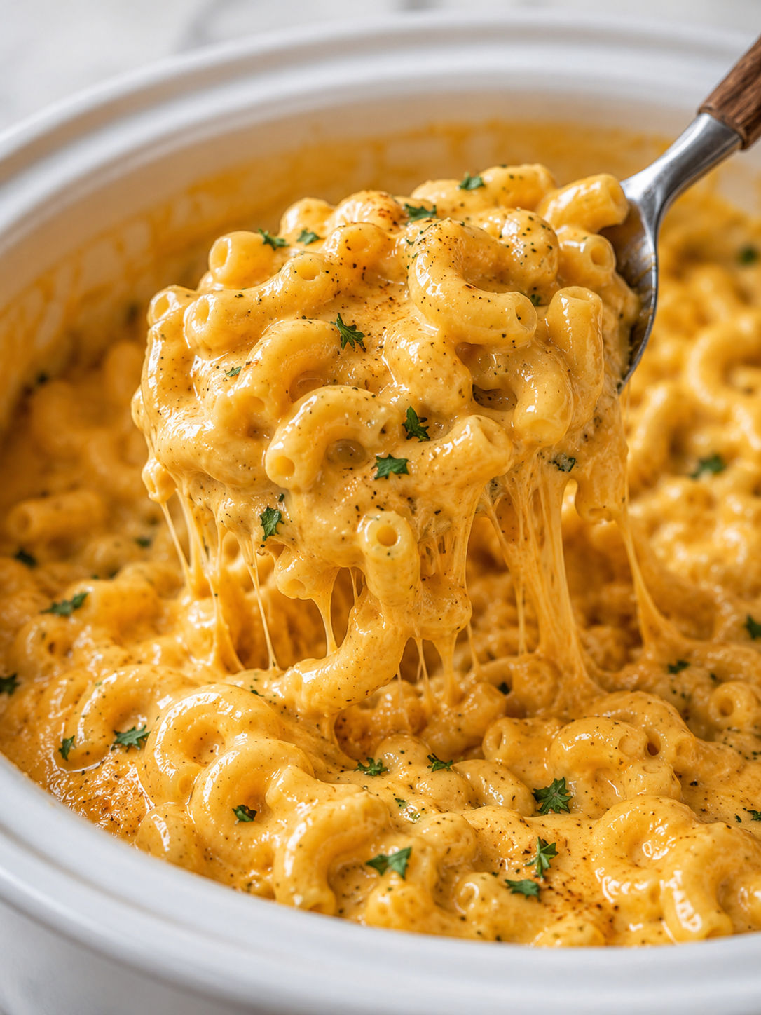 Creamy Crock Pot Mac and Cheese, plated and served