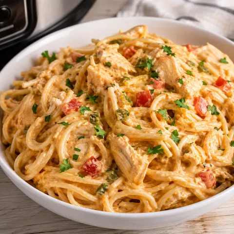 Creamy chicken spaghetti with cheese, tomatoes, and parsley in a white bowl