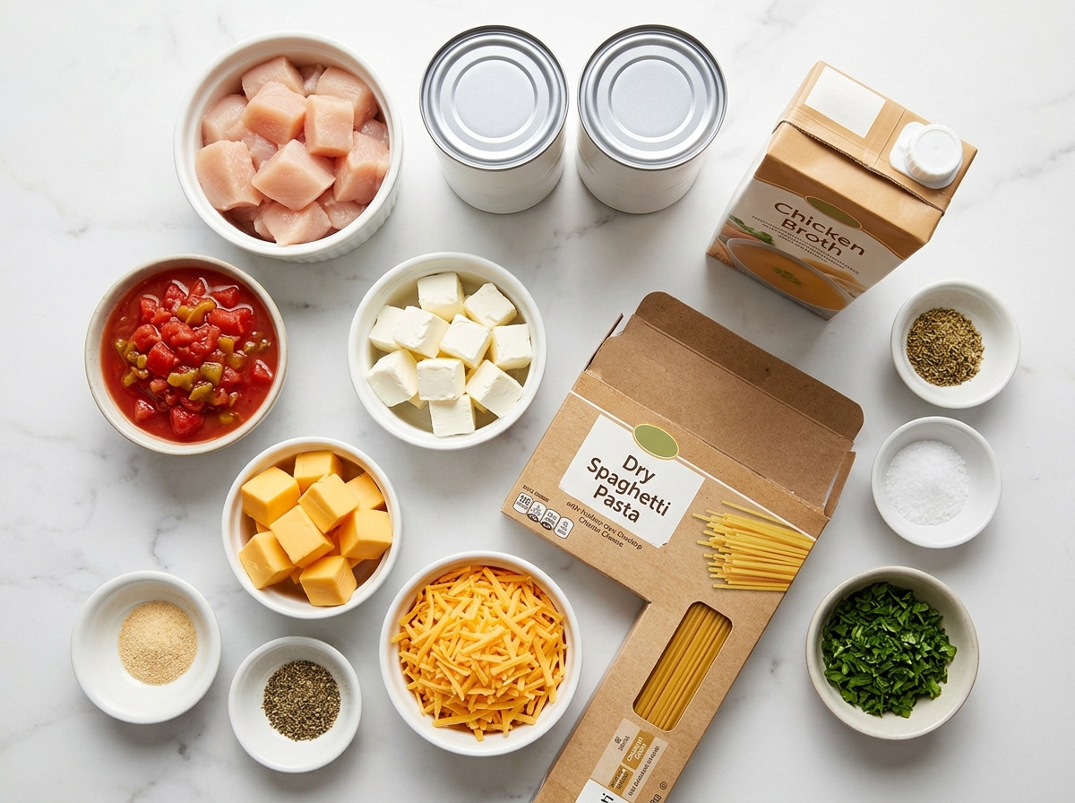Ingredients for creamy crockpot chicken spaghetti arranged on a kitchen counter