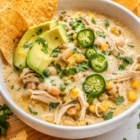 Creamy white chicken chili with beans, avocado, cilantro, and tortilla chips