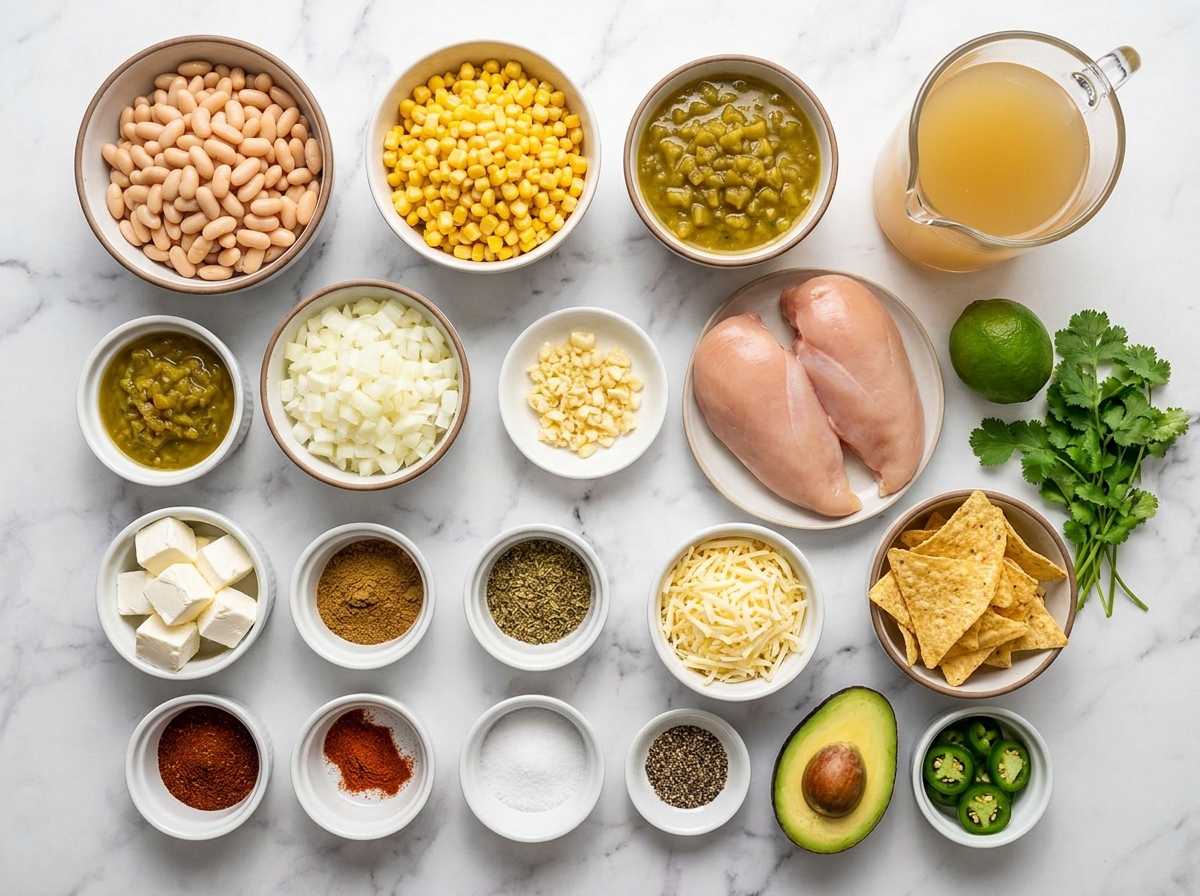 Ingredients for creamy white chicken chili with chicken, beans, chiles, and cream cheese