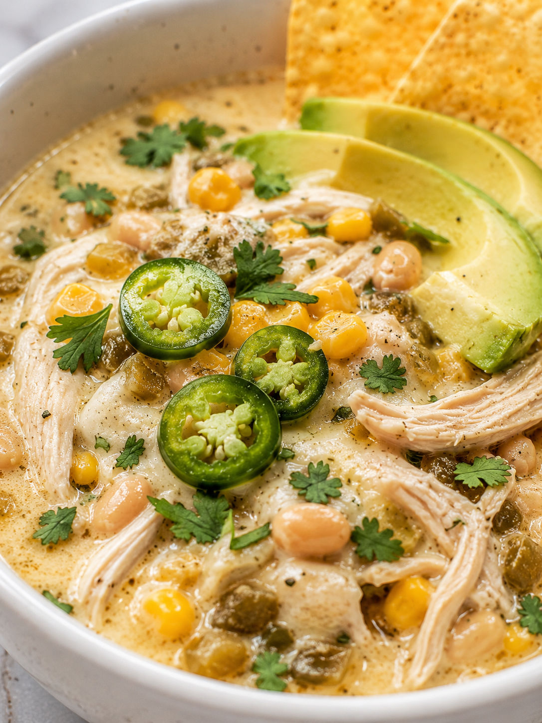 Creamy Crockpot White Chicken Chili, plated and served