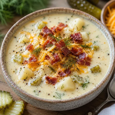 Creamy dill pickle potato soup with bacon, cheddar, and fresh dill