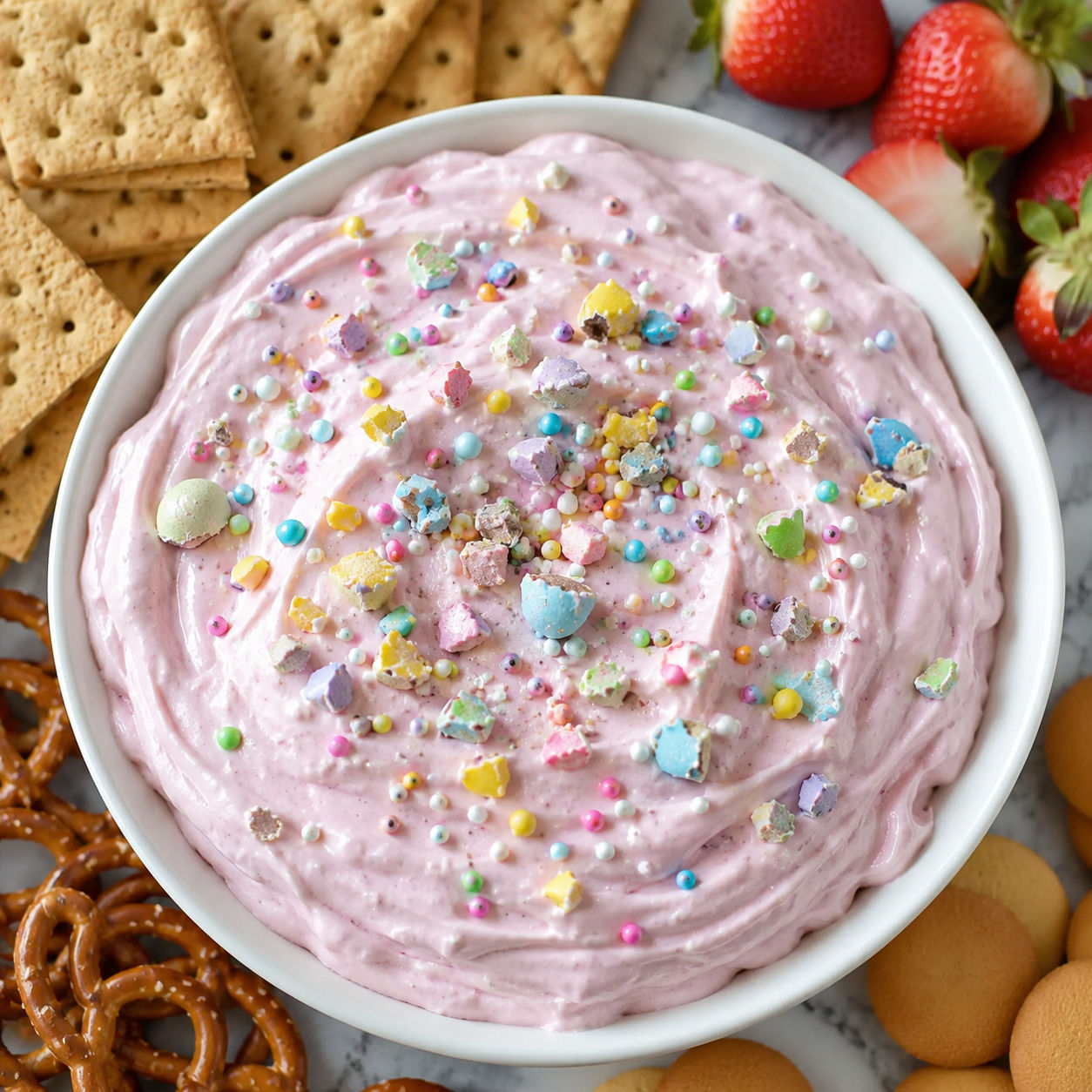 Creamy Easter dessert dip with pastel candy and cookies