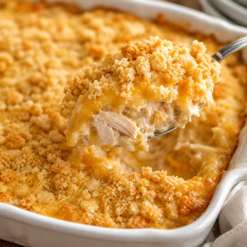 Creamy chicken casserole with cheddar and golden cracker topping