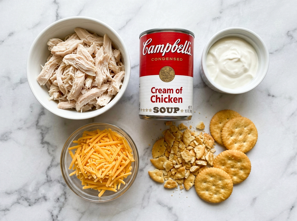 Five casserole ingredients with chicken, cheddar, sour cream, soup, and crackers