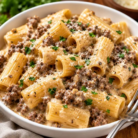 Creamy garlic beef pasta with parmesan and parsley in a white bowl