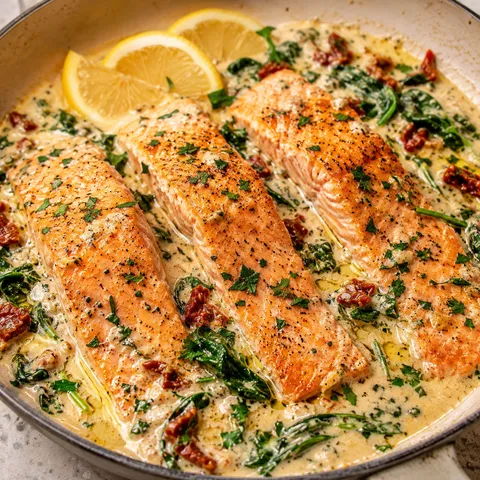 Creamy garlic butter baked salmon with parmesan sauce and spinach