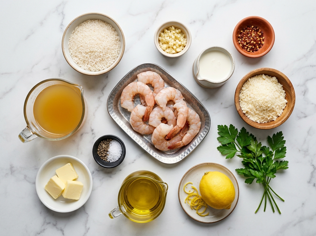 Shrimp, rice, cream, Parmesan, garlic, lemon, and parsley ingredients