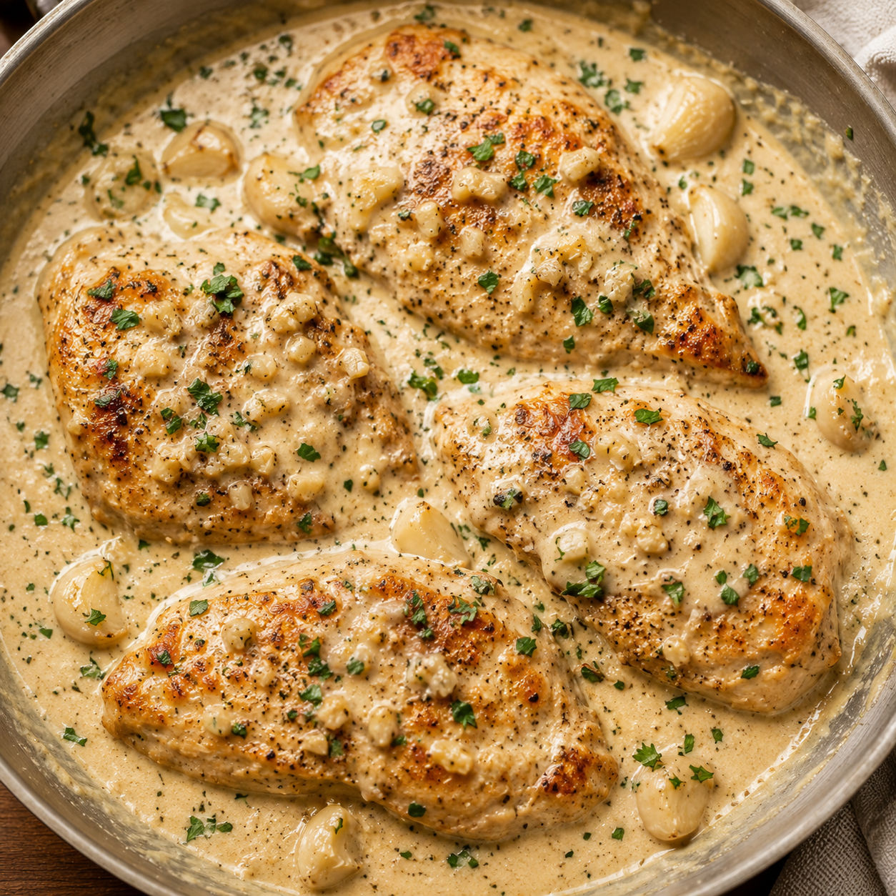 Creamy Garlic Chicken in a skillet with parsley and garlic cream sauce