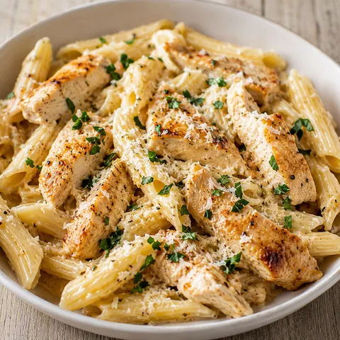 Creamy garlic chicken penne with parsley and Parmesan in a white bowl