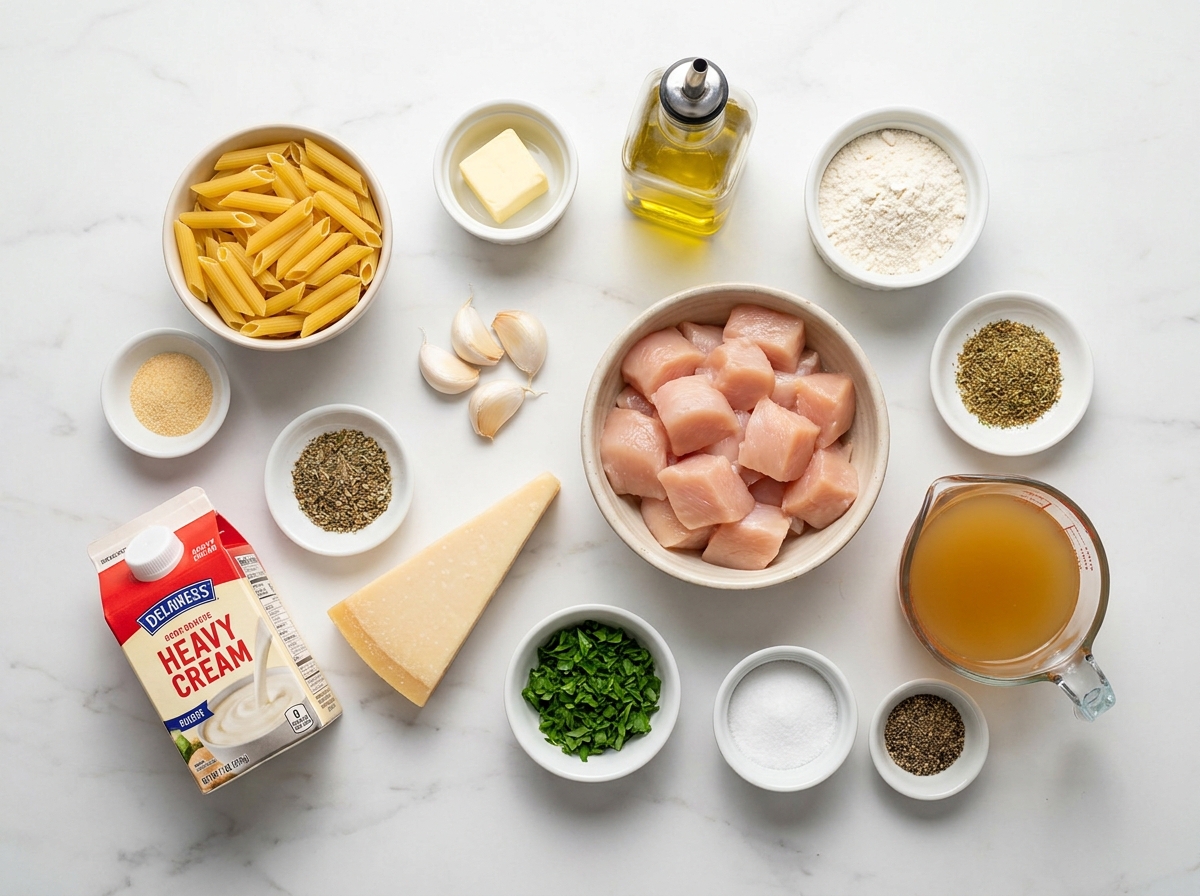 Ingredients for creamy garlic chicken penne on a marble and wood surface