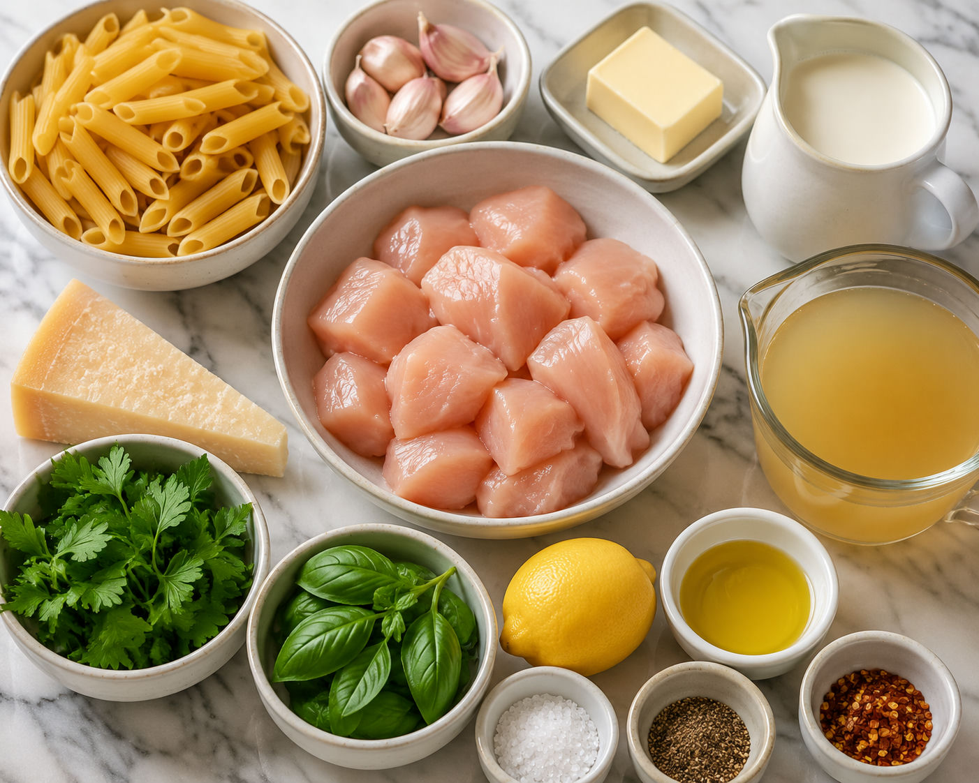 Ingredients for creamy garlic herb chicken pasta on a stone counter